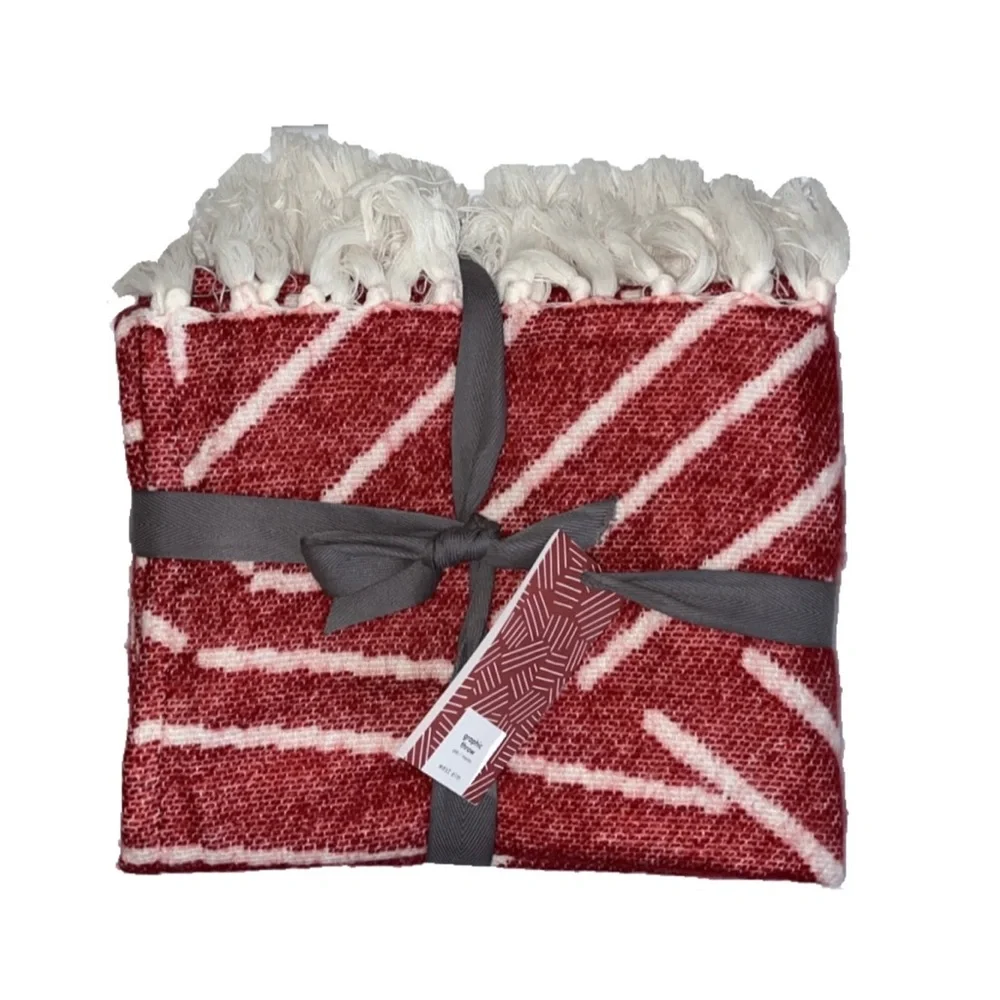 West Elm Red & White Line Pattern Fringe Knit Throw Blanket Size 50” x 60”